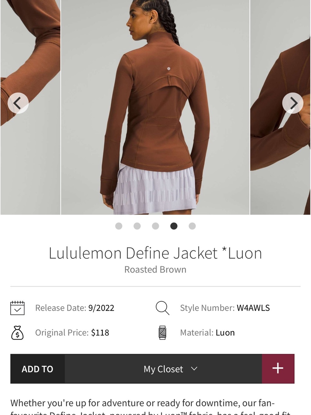 Woman’s size 4 Lululemon Define Bomber Jacket in Roasted Brown - Picture 2 of 12